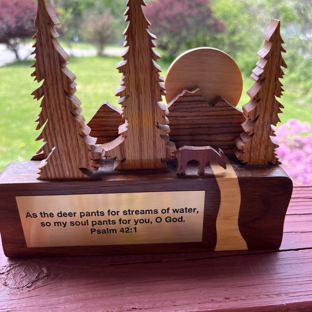 Wooden Carved Forest With Psalm 42:1 Shelf/ Desk Sitter 8”X 7”